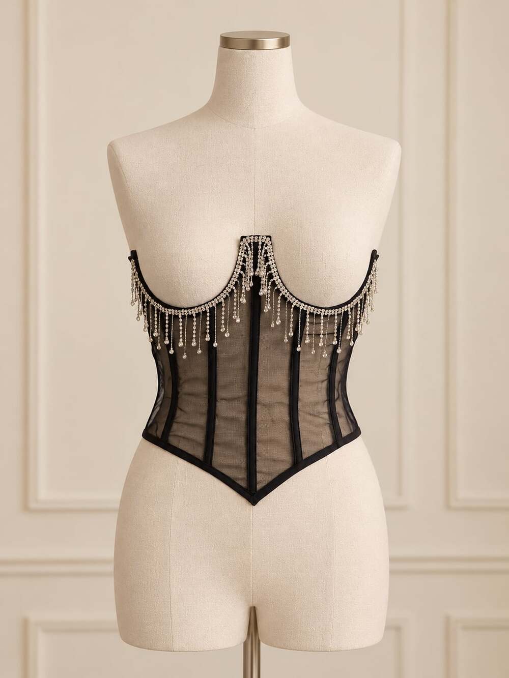 Top Drawer Steel Boned Sheer Underwire Fringe Waist Cincher Size: Small